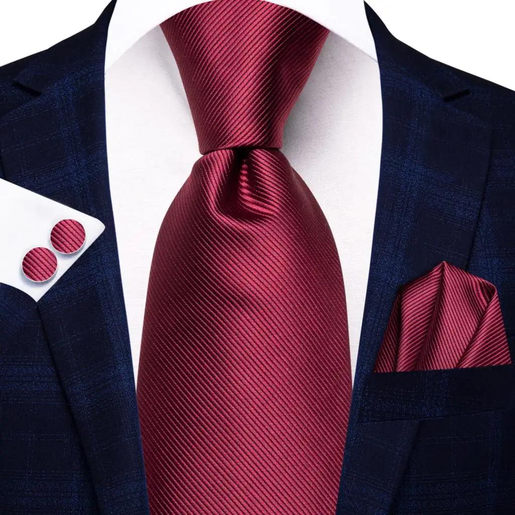 Solid Burgundy Red Silk Wedding Tie For Men Gift Mens Necktie Handky Cufflink Fashion Business Party Dropshiping Hi-